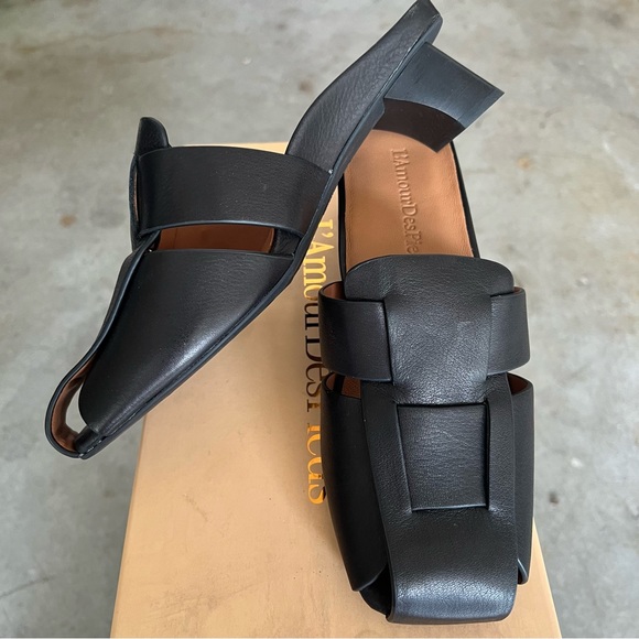 NEW L’Amour Des Pieds black leather woven square toe Wavan heel slip on mules 8 - Picture 1 of 7